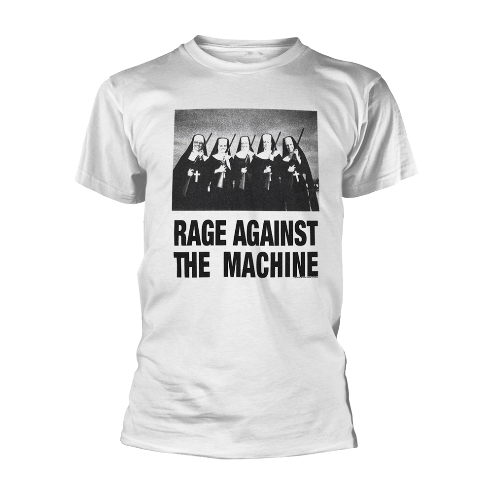 RAGE AGAINST THE MACHINE NUNS AND GUNS T-Shirt, Front & Back Print Medium WHITE